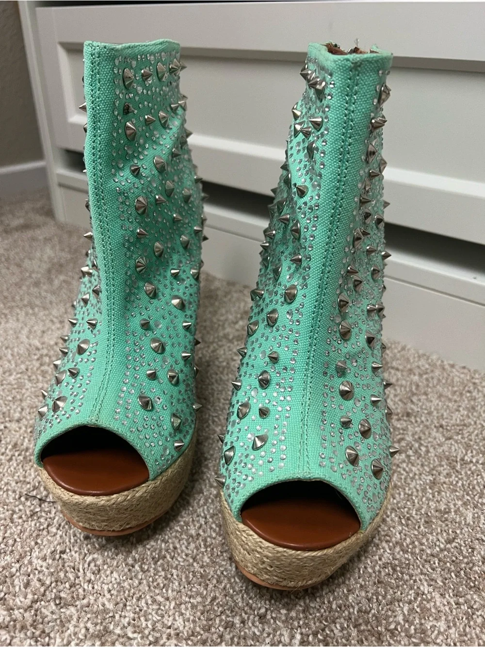 Studded Mint Green Wedge Peep-Toe Booties